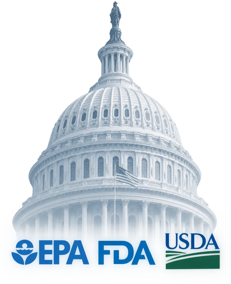 U.S. Capitol dome with the EPA, FDA and USDA logos, representing the federal regulatory agencies F3 Tech companies engage with