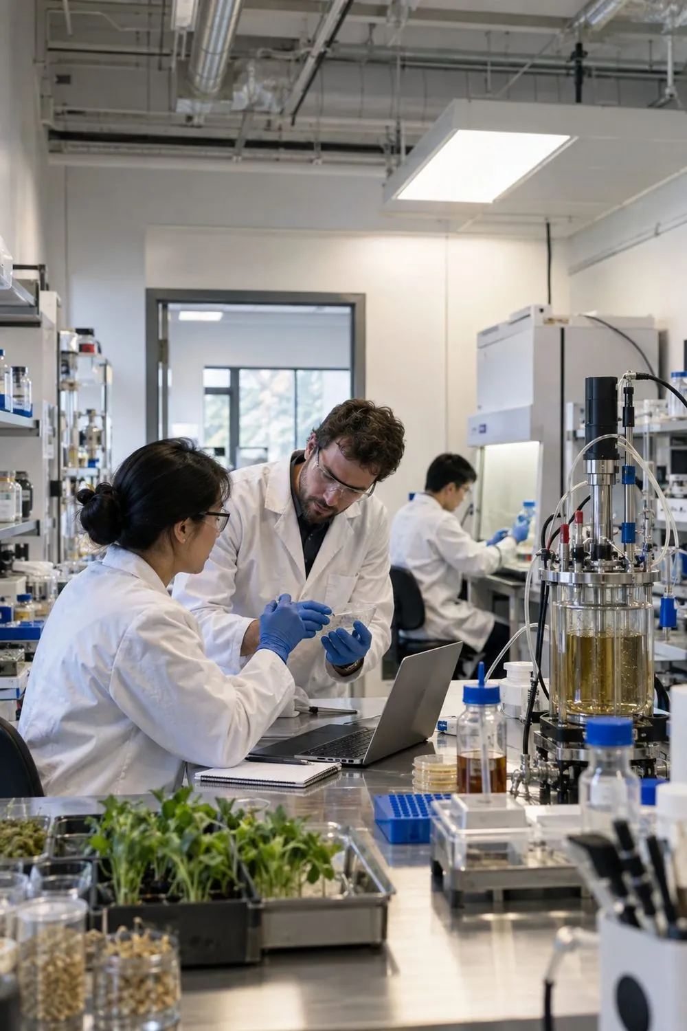 F3 Tech scientists reviewing a sample beside a bioreactor and plant trays in the Easton laboratory